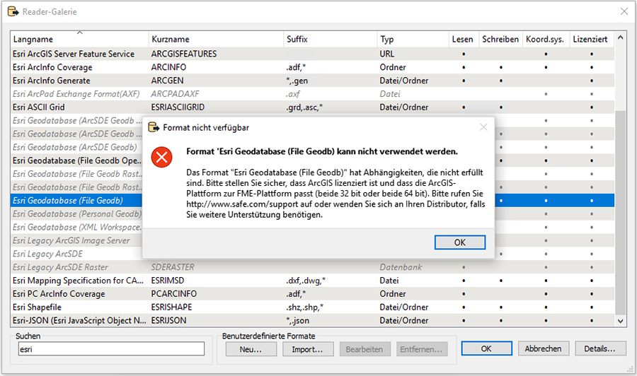 Fehlermeldung Geodatabase