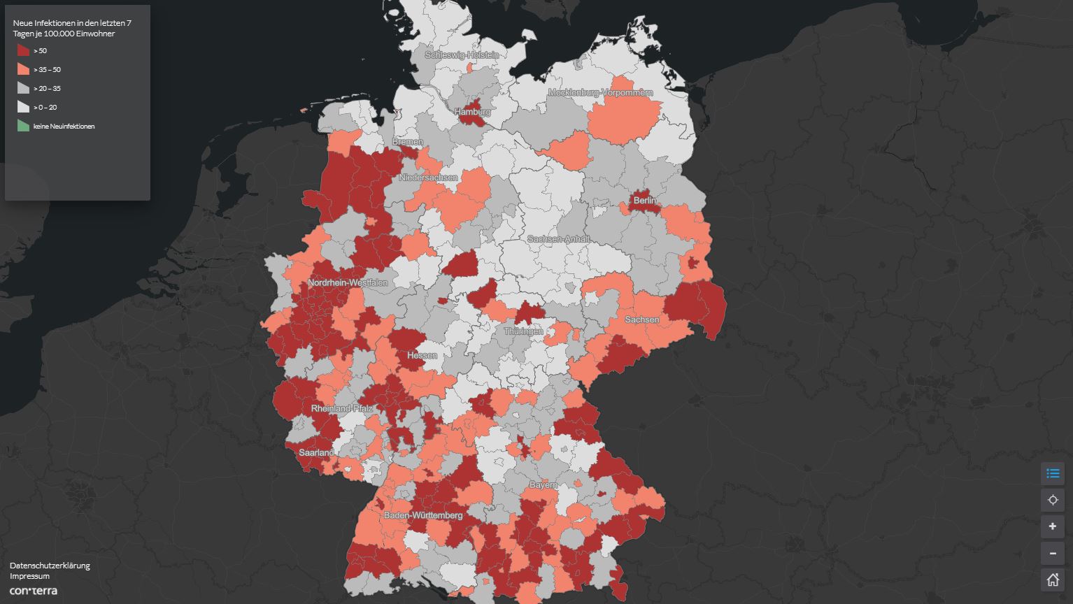 Covid-19, Neuinfektionen der letzten 7 Tage pro 100.000 Einwohner